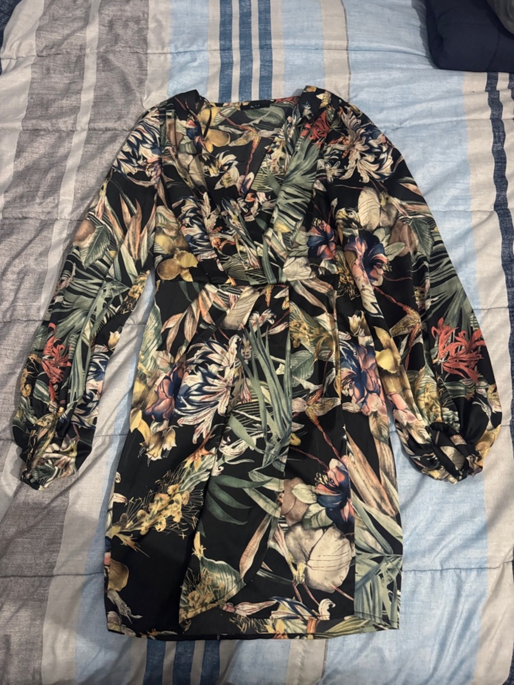 Papaya Black Tropical Floral Wrap Mini Dress